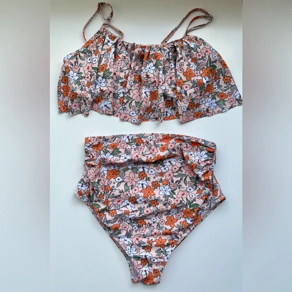 Maternity Bikini Set Two Piece Swimsuit Ruffle Women High Waist, Medium - Picture 2 of 4